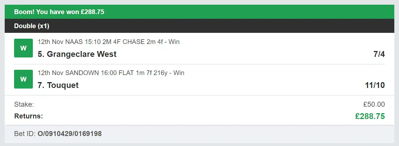 Best Racing Bets - Winner - Double - 2023-11-12