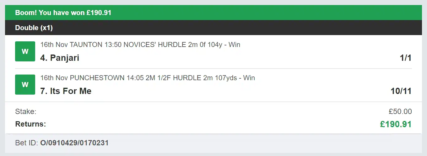 Best Racing Bets - Winner - Double - 2023-11-16