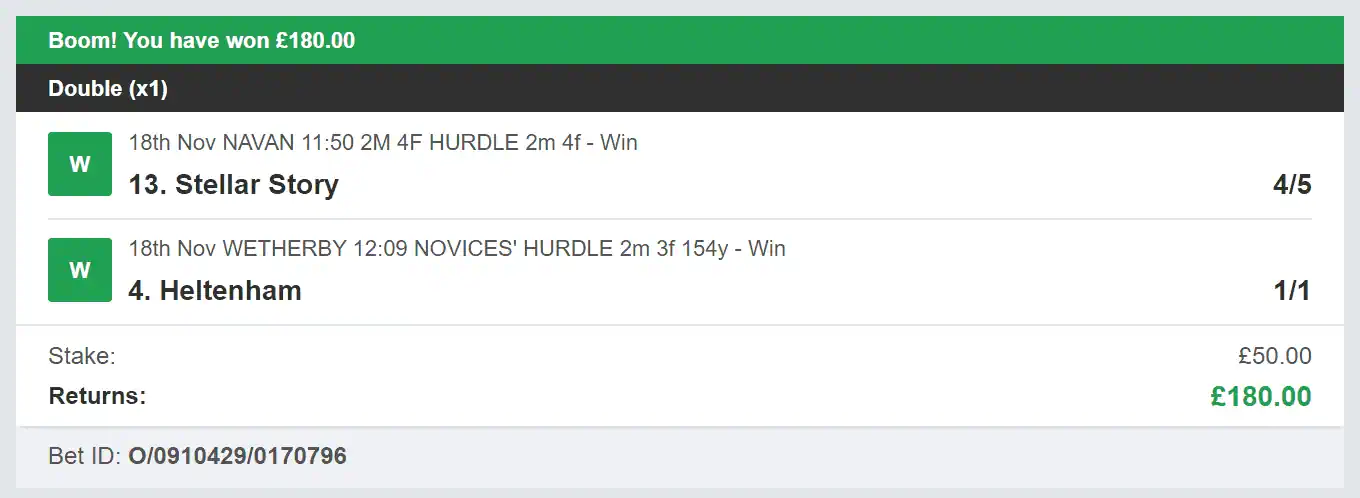 Best Racing Bets - Winner - Double - 2023-11-18
