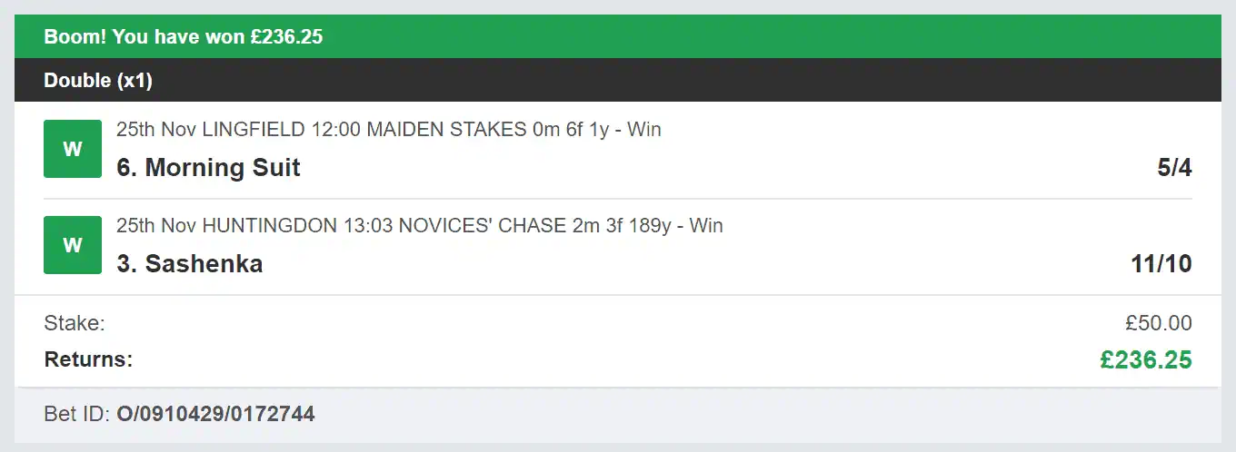 Best Racing Bets - Winner - Double - 2023-11-25