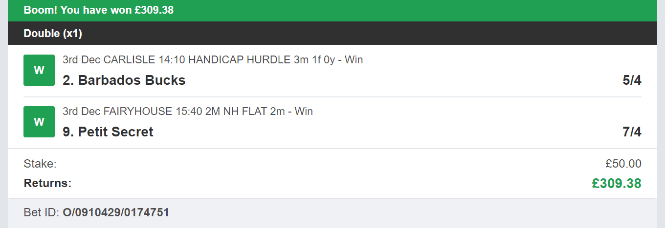 Best Racing Bets - Winner - Double - 2023-12-03