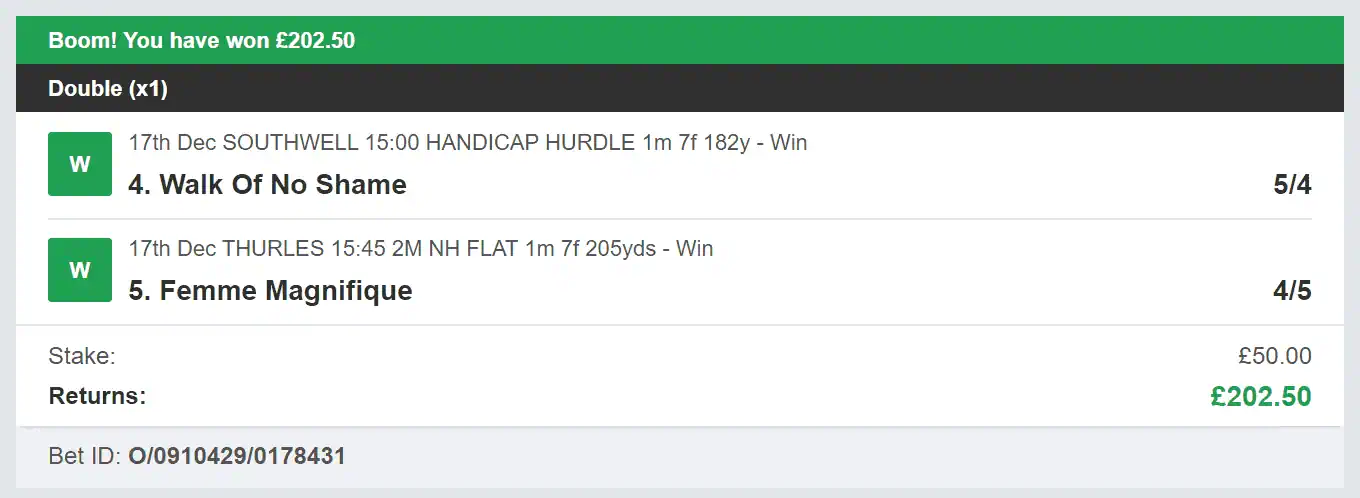 Best Racing Bets - Winner - Double - 2023-12-17