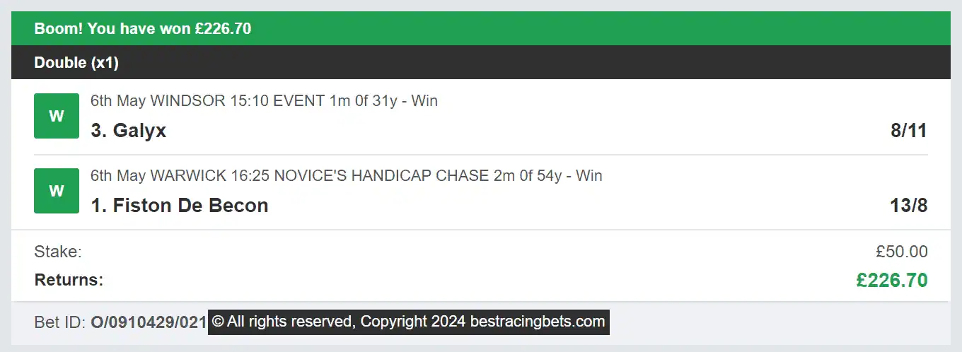 Best Racing Bets - Winner - Double - 2024-05-06